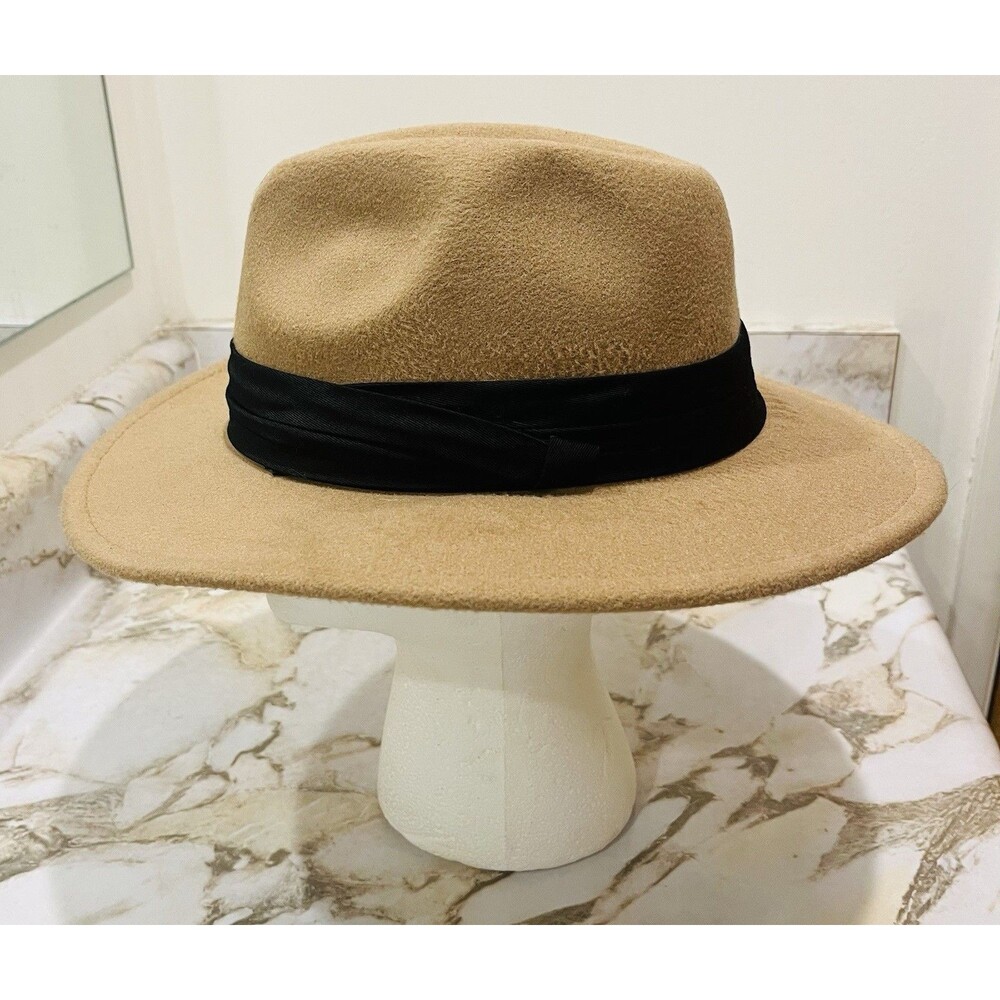 Men’s Camel Tan Wide Brim Fedora Hat Black Band Felt Look Unbranded